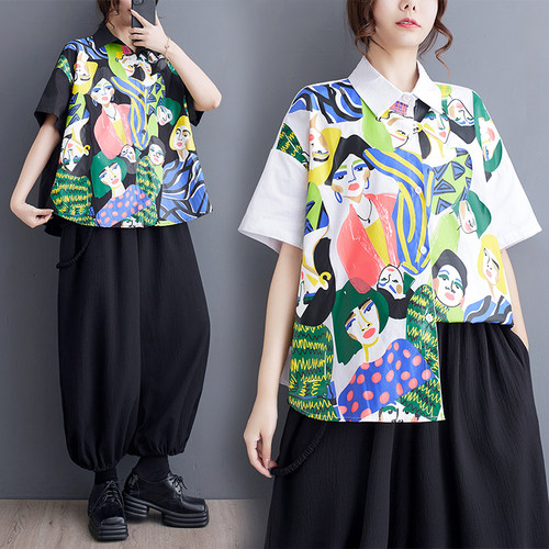 折扣春夏新款复古风3D印花设计感衬衫短袖POLO领宽松通勤胖MM上衣