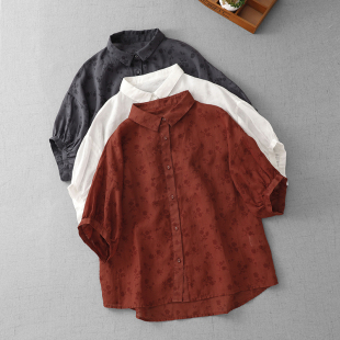 纯色薄款 拔印工艺印花轻薄通透感宽松上衣2025夏开衫 衬衫 棉麻短袖