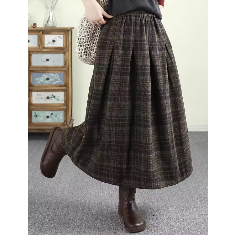 复古重工色织格纹半身裙女秋冬保暖羊毛长裙中长款格子裙厚款裙子