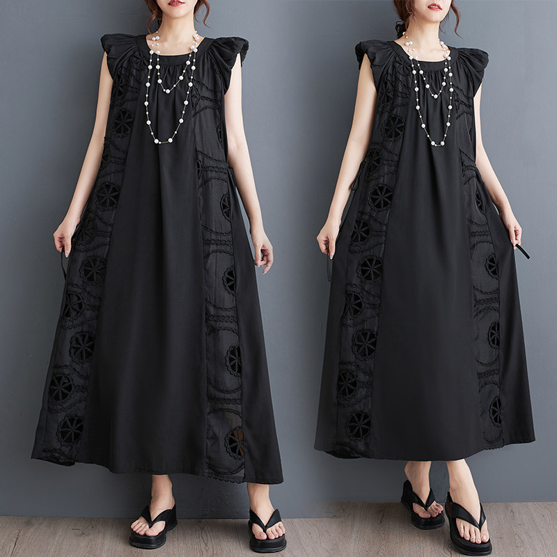 黑色长裙夏季新款宽松文艺刺绣镂空拼接双层飞飞袖显瘦时尚连衣裙