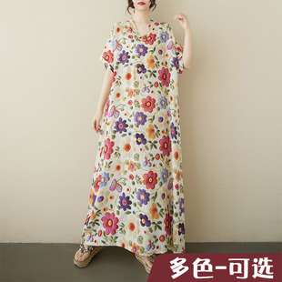 时尚飘逸外贸连衣裙V领短袖宽松波西米亚休闲度假花朵裙花朵柔软