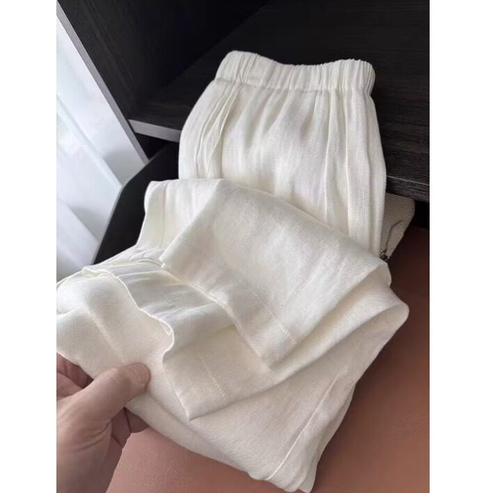 慵懒松弛棉麻阔腿裤女高端白色亚麻裤子女夏季薄款松紧腰休闲长裤图片