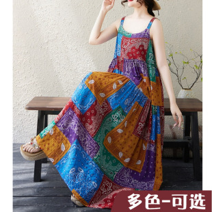 印花吊带裙子宽松显瘦棉麻连衣长裙女大摆裙薄款 2025新款 文艺大码