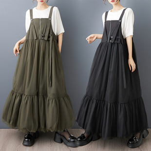 外单小众时尚 网纱拼接垂感花苞裙设计感暗扣拉链肩带可调节背带裙