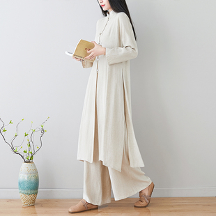 折扣亚麻茶服春秋禅意居士服汉服中国风新中式唐装套装流行网红