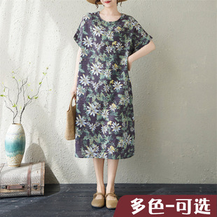 折扣捡漏外贸出口胖mm薄棉麻印花女气质过膝中长款短袖连衣裙文艺
