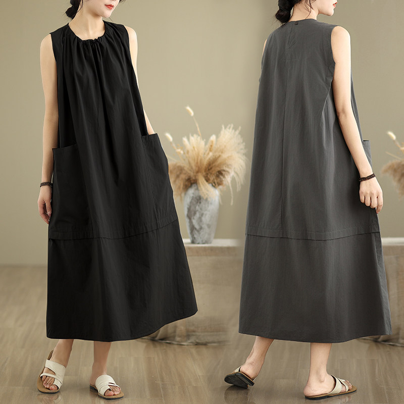2025新新款圆领无袖中长大口袋设计感连衣裙宽松日系大摆裙