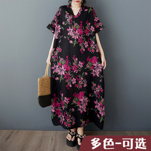显瘦波西米亚女士大码休闲裙夏新V领短袖中来年妈妈装麻棉连衣裙