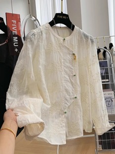 洋气超好看小衫 女早春薄款 上衣白色 国风重工刺绣圆领蕾丝衫 新中式