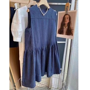 韩系棉麻蓝色条纹无袖衬衫裙子女设计感夏季宽松背心连衣裙女T恤