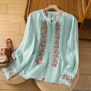 森女刺绣棉麻上衣女薄款 灯笼袖 民族风 苎麻衬衫 复古民族风绣花长袖