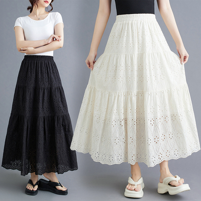 夏款镂空绣花纯色半身裙纯色A字裙类似下摆裙蛋糕裙显瘦简约薄款