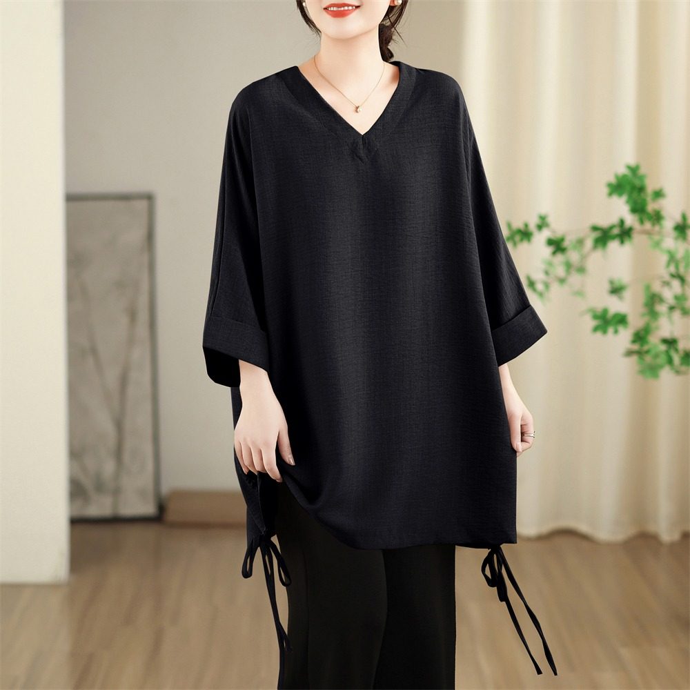 春夏新款文艺简约v领显瘦上衣中长款慵懒风抽绳设计宽松T恤女薄款,女装/女士精品,大码内搭,淘宝优惠券,粉丝福利购,淘宝优惠卷