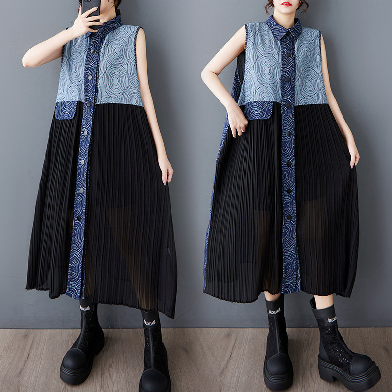 外贸夏装新款欧美工艺牛仔拼接百褶裙时尚宽松无袖百搭背心连衣裙