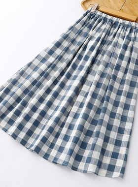 法式复古竹节棉蓝色格子裙半身裙女夏季A字裙中长裙夏季伞裙子