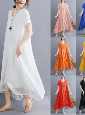 夏装新大码女装胖mmV领气质防真丝棉连衣裙宽松显瘦薄款过膝长裙