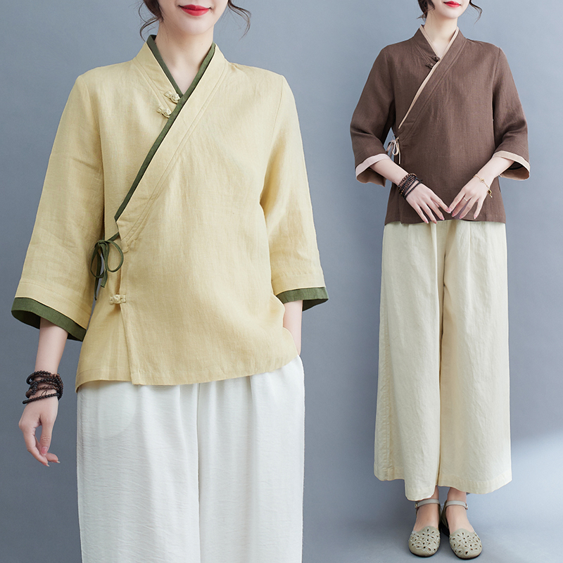 纯色唐装女汉服改良版夏茶人服套装佛系女装禅修服禅意新中式上衣