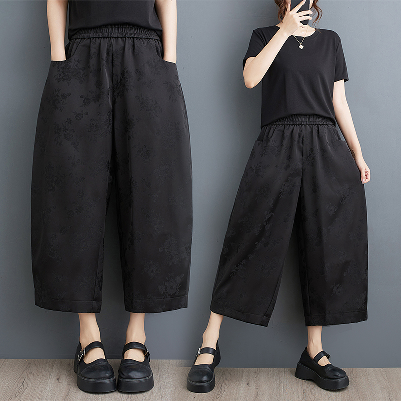 黑色显瘦裤子夏装新款提花暗纹九分裤时尚百搭阔腿哈伦休闲裤女