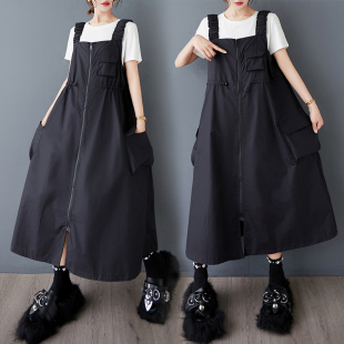 时尚 大口袋拉链小众设计抽绳显瘦背带裙宽松休闲橡筋背心裙子黑色