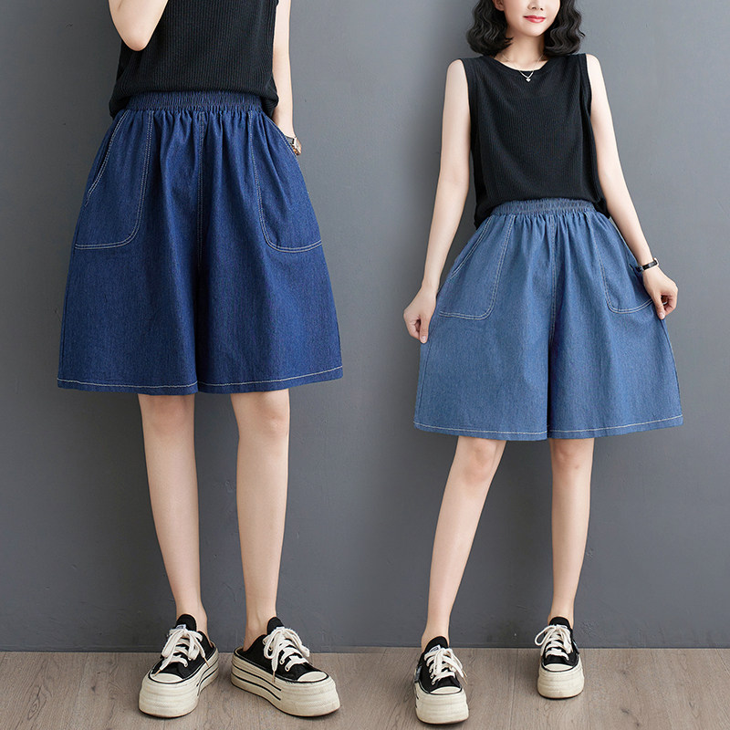 夏季新款女裤松紧腰阔腿五分裤大码宽松牛仔潮裤胖mm休闲裤子,女装/女士精品,大码裤装,淘宝优惠券,粉丝福利购,淘宝优惠卷