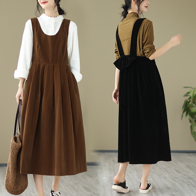 折扣春季新款法式丝绒复古蝴蝶结中长背带裙吊带裙子好质量