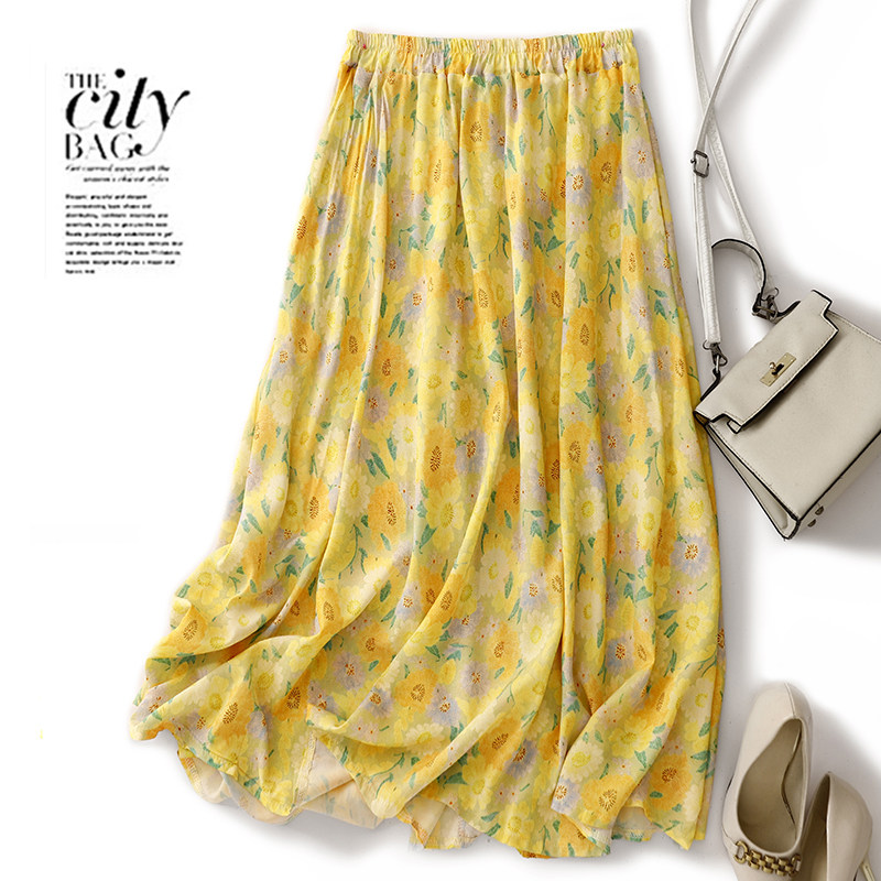 文艺复古印花苎麻半身裙夏季新款国风松紧腰中长款a字裙女黄色花,女装/女士精品,半身裙,淘宝优惠券,粉丝福利购,淘宝优惠卷