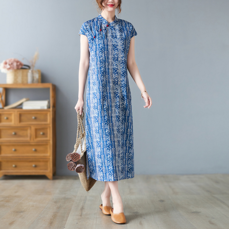 捡漏夏季新款中式复古气质盘扣中国风改良旗袍蜡染茶服过膝包邮
