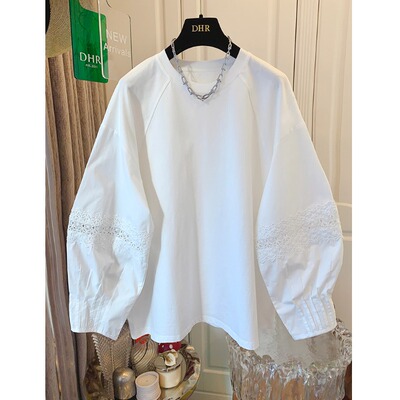 超好看法式刺绣蕾丝衬衫长袖T恤打底衫宽松内搭上衣女春白色薄款