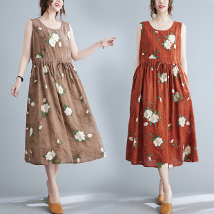 连衣裙收腰抽绳中长款 碎花裙收腰遮肚棉麻无袖 胖MM大码 捡漏新款