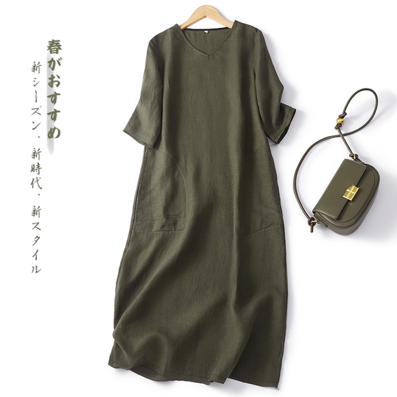 复古亚麻纯色气质连衣裙V领宽松简约设计文艺直筒长裙女纯色简约