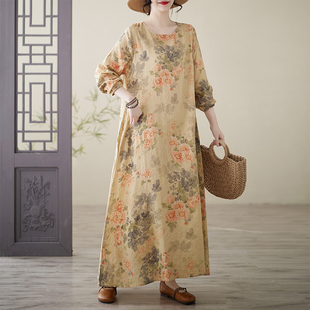 外贸出口棉麻印花圆领宽松大码长袖胖MM加肥加大度假连衣裙子圆领