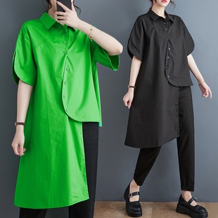 纯棉衬衫 折扣夏装 不规则中长款 宽松显瘦纯色个性 上衣遮屁股 新款