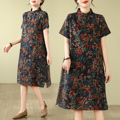 夏装复古文艺新中式改良旗袍宽松中长款连衣裙女斜襟盘扣流行裙子
