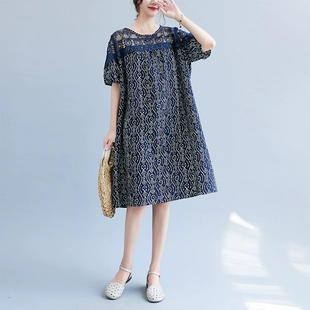 夏季 大码 女装 胖妹妹洋气镂空蕾丝拼接连衣裙宽松遮肚子显瘦中长裙