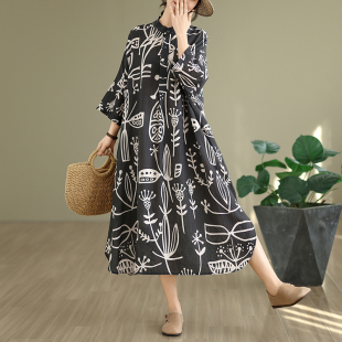 加肥加大新款 度假连衣裙 气质文艺复古棉麻印花立领宽松超长大码