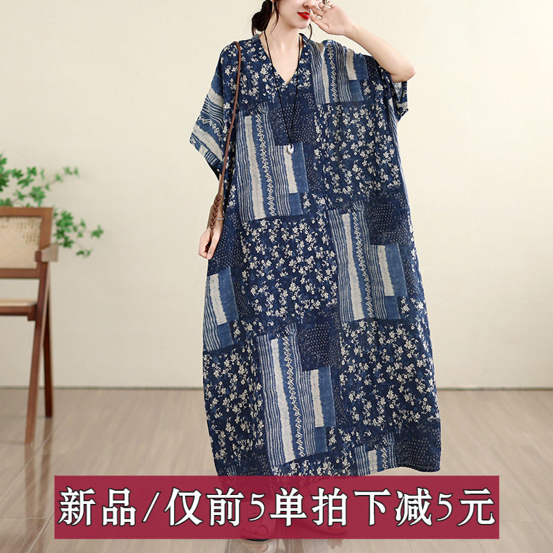 折扣外贸外单夏季花色V领复古长裙遮肉棉麻连衣裙加肥加大蝙蝠袖