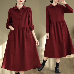 连衣裙女装红色春秋长袖爆款收腰显瘦气质高档品牌洋气妈妈长裙子