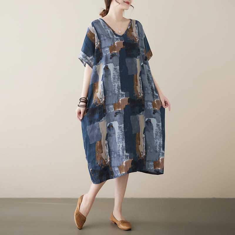 大码女装 胖MM棉麻复古文艺撞色连衣裙中长款微胖百搭裙子显瘦