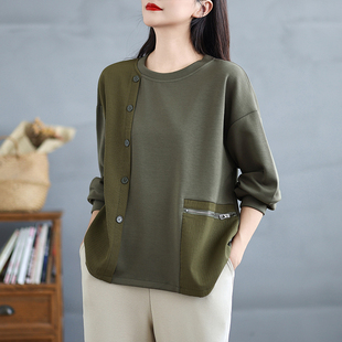 卫衣宽松显瘦胖mm大码 不对称拼接排扣薄款 上衣棉质好质量 新款 秋季