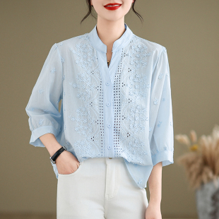 设计感上衣 衬衫 文艺V领洋气质百搭宽松棉麻纯色显瘦休闲半袖 女装