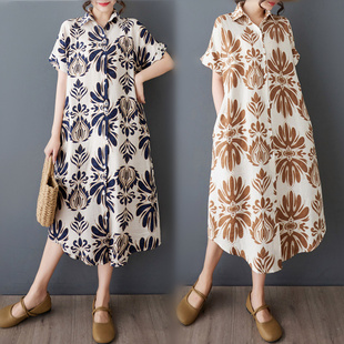 夏季大码宽松胖MM纯棉衬衫连衣裙200斤中长款短袖欧洲站短袖衬衫