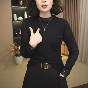 妈妈装半高领网纱蕾丝袖口洋气打底衫时尚女秋季长袖T恤百搭上衣