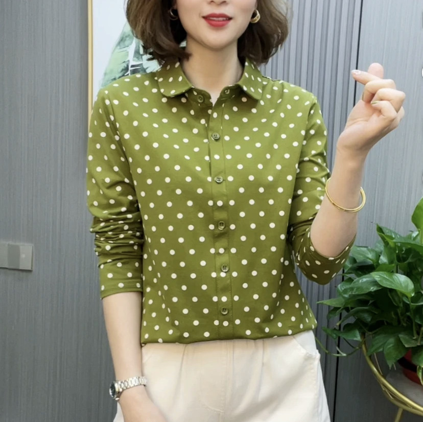 妈妈装春季长袖波点休闲衬衫小衫