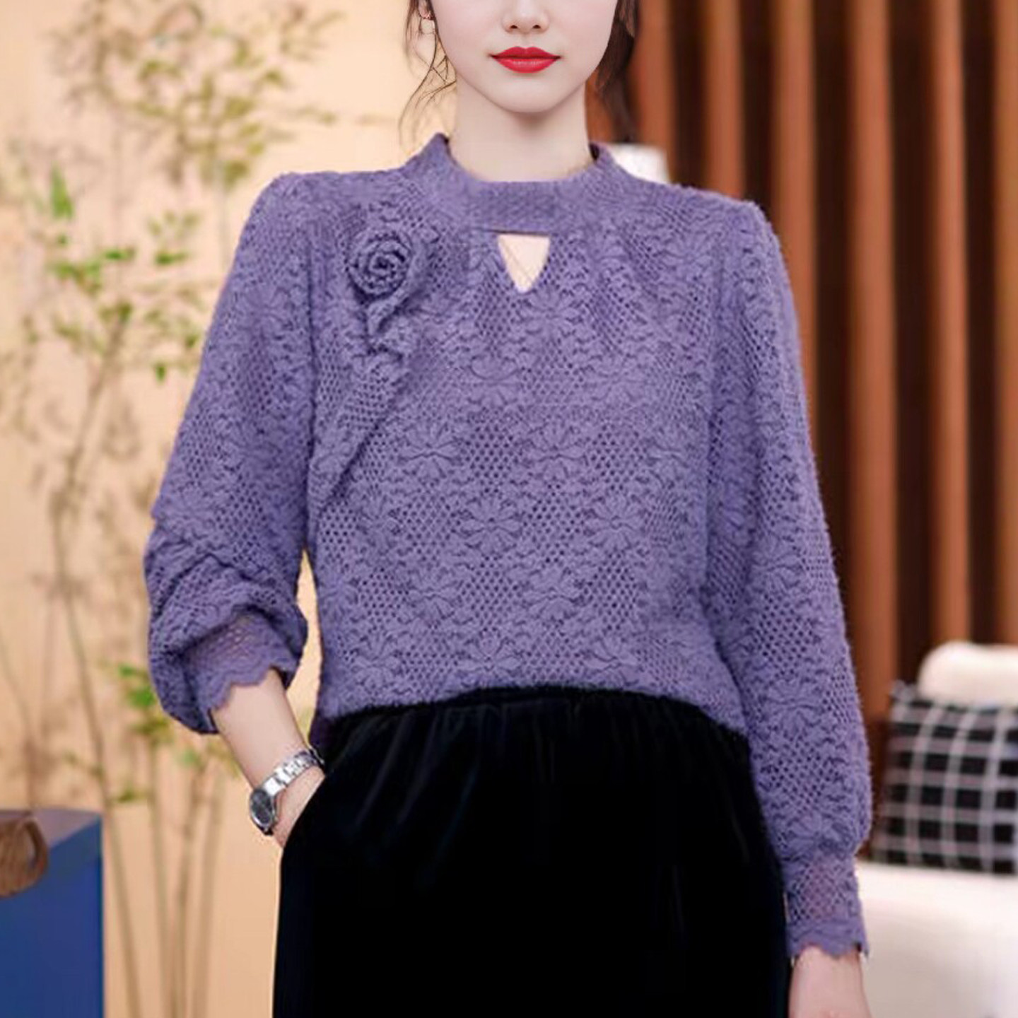 妈妈装半高领蕾丝提花长袖打底衫