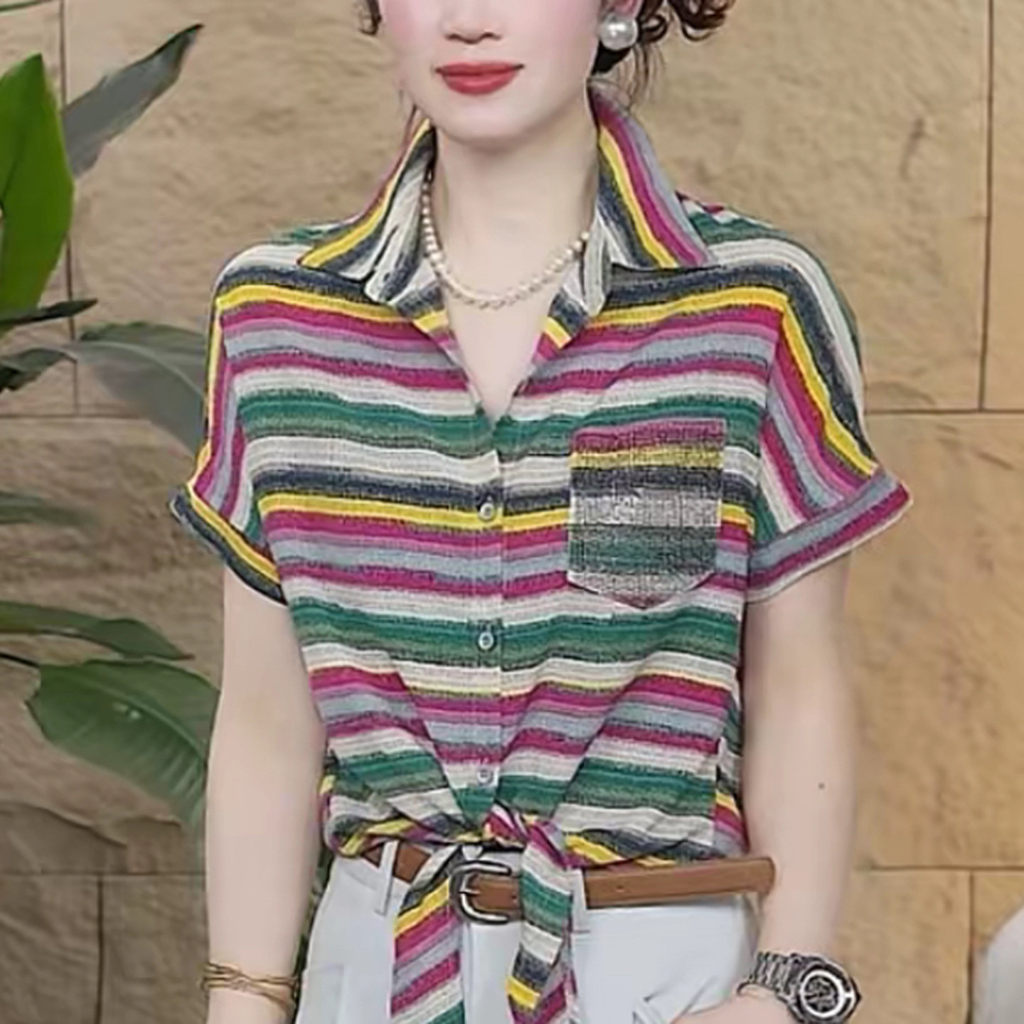妈妈装夏季POLO领彩色条纹前扎结短袖衬衫中年女时尚t恤宽松小衫