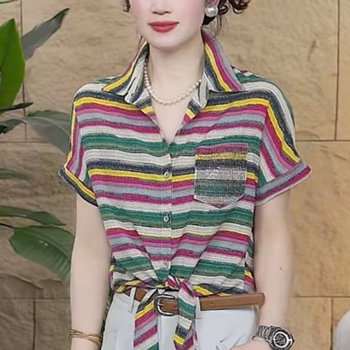 妈妈装夏季POLO领彩色条纹前扎结短袖衬衫中年女时尚t恤宽松小衫