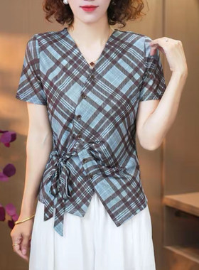 妈妈装夏季V领网纱菱格短袖女T恤