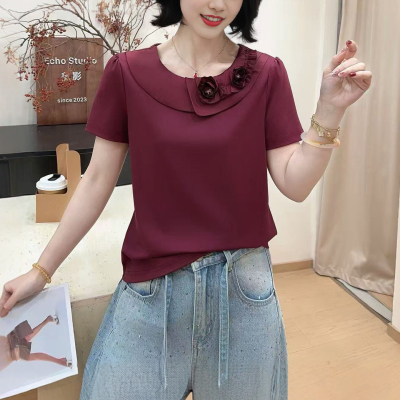 妈妈装夏圆领荷叶边花朵短袖T恤