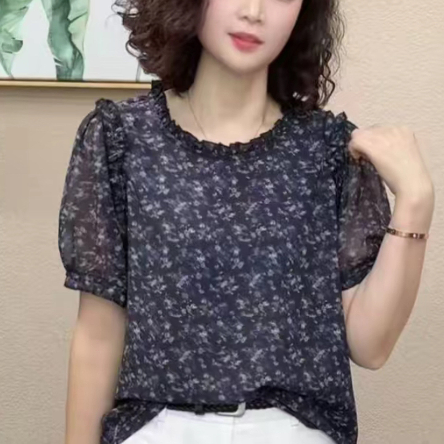 妈妈装夏季碎花雪纺减龄短袖T恤