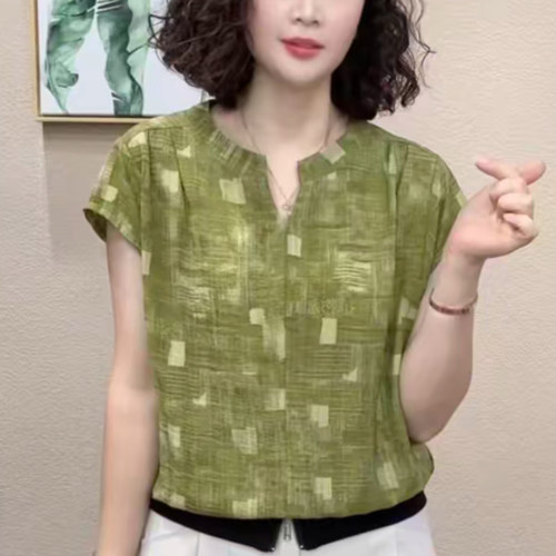 妈妈装夏季雪纺印花短袖减龄T恤